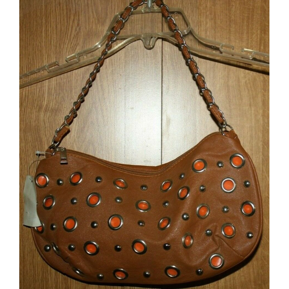 WOMEN'S PURSE NEW BROWN ORANGE STUDS LADIES TEENS CHAIN HANDLE FAUX LEATHER